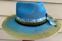 Image 1 of Handmade Blue/Green Painted Fedora Hat, Layered Band Feathers & Butterfly