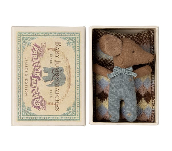 Image of Maileg Sleepy Wakey Baby Mouse in box Blue (PRE-ORDER ETA Late March)
