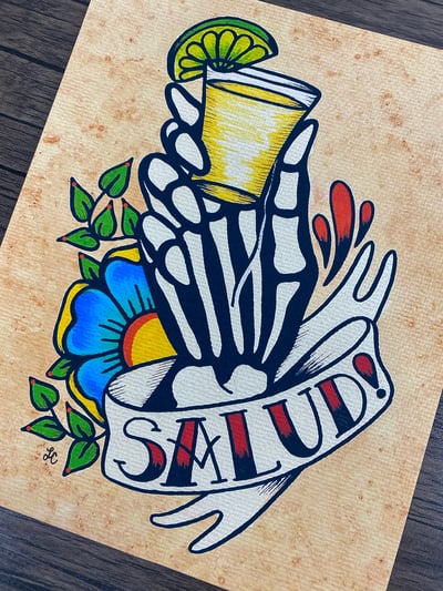 Image of Day of the Dead "Salud!" Tequila Tattoo Art Print