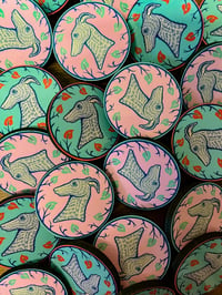 Image 3 of Hound cameo wooden pin badge in rose pink and Neptune green 