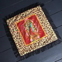 Image 4 of Leopard print fabric and red virgin of Guadalupe cushion cover with gold fringe or black fringe