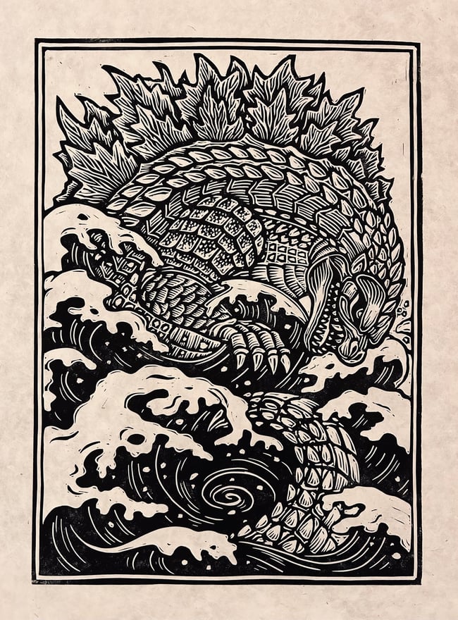 Godzilla Rising Block Print