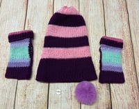 Image 3 of 4 in 1 Hat & Handwarmer Set, Size S (Teen - Small Adult) Multicolour Purples,Pinks, Greens