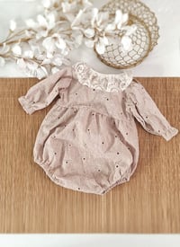 Image 1 of Baby girl bodysuit for photoshoots | Bethany | age 9-12 months | neutral beige | open work fabric