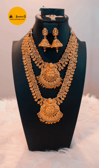 Image 1 of Manjula- Combo Temple Jewelry Necklace Set featuring Goddess Laxmi with Mangtika 
