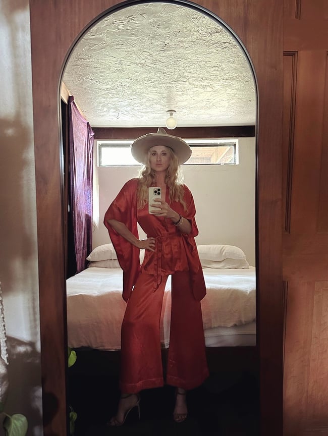 70s red satin kimono trouser suit