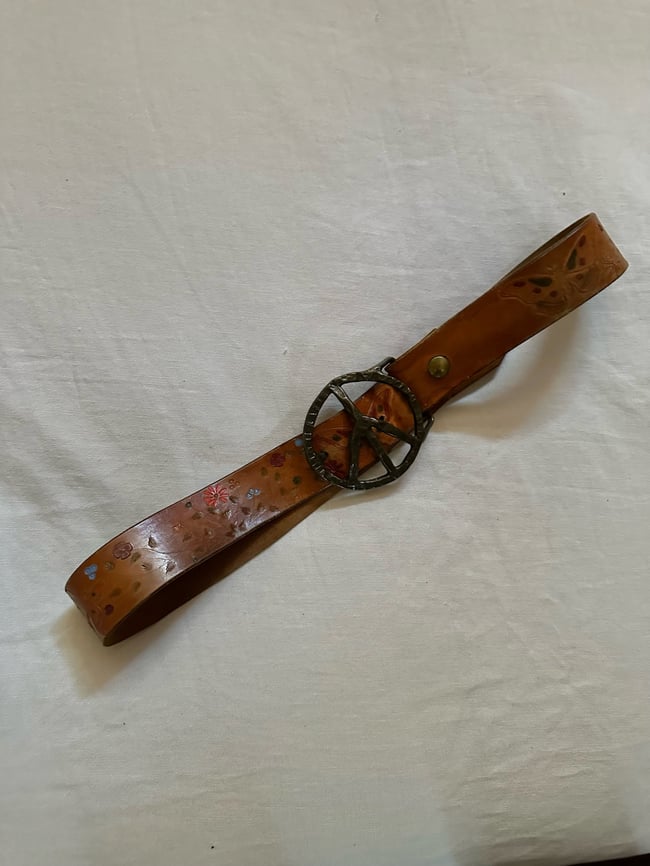 late 60s tooled leather PEACE belt