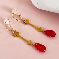 Image 4 of Arrow and Red Glass Droplet Half Hoops - Gold