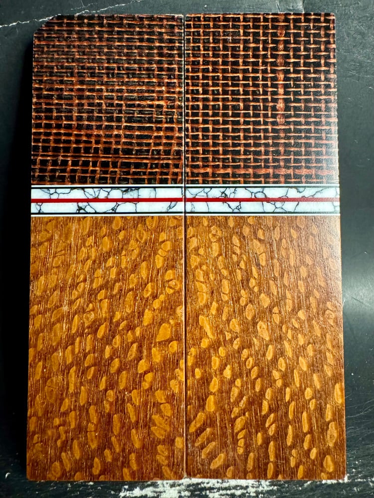Image of Layered Burlap Micarta & Leopardwood Segmented Knife Scales