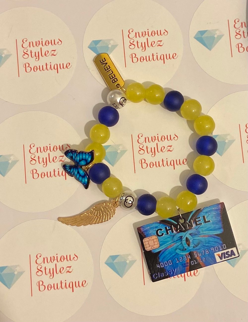 Image of Chanel blue and yellow beaded bracelet with 