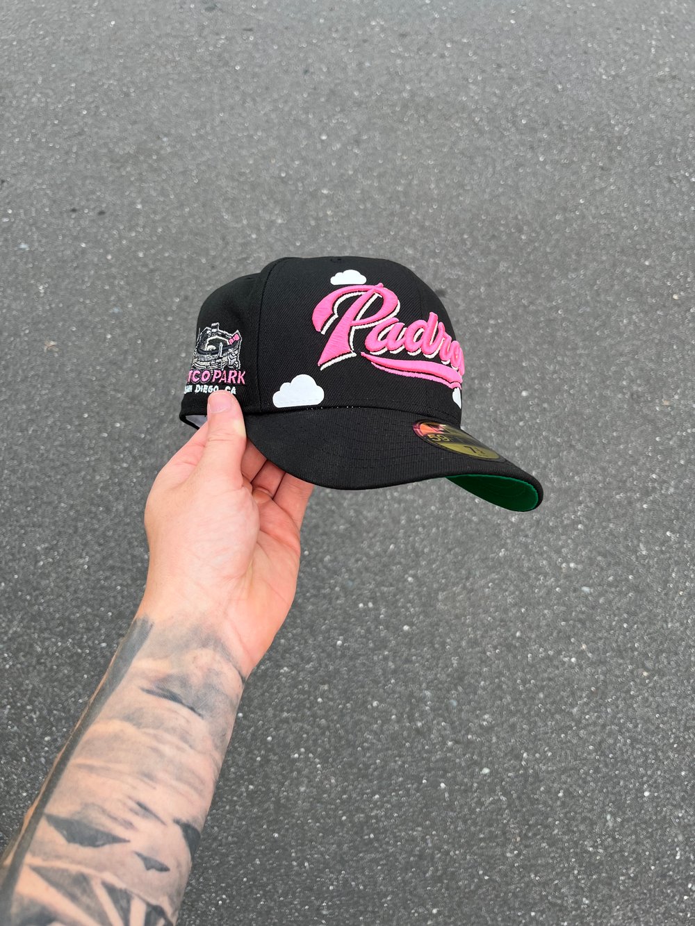 Image of GREEN BRIM NEON NIGHTS PARTLY CLOUDY SAN DIEGO PADRES CUSTOM FITTED CAP