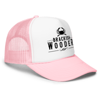 Image 9 of Brackish Wooder Foam Trucker Hat – Black Logo with Chesapeake Blue Crab | Snapback Mesh Cap