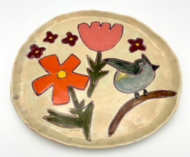 Flowers w Tufted Titmouse Bird Plate 