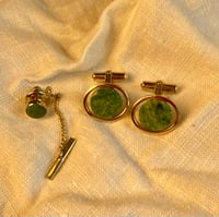 Image 1 of 1060's Destino Cuff Links and Tie Tack set, Gold & Green Stone