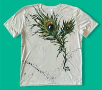 Image 1 of “PEACOCK FEATHER” CUSTOM HAND PAINTED T-SHIRT LARGE