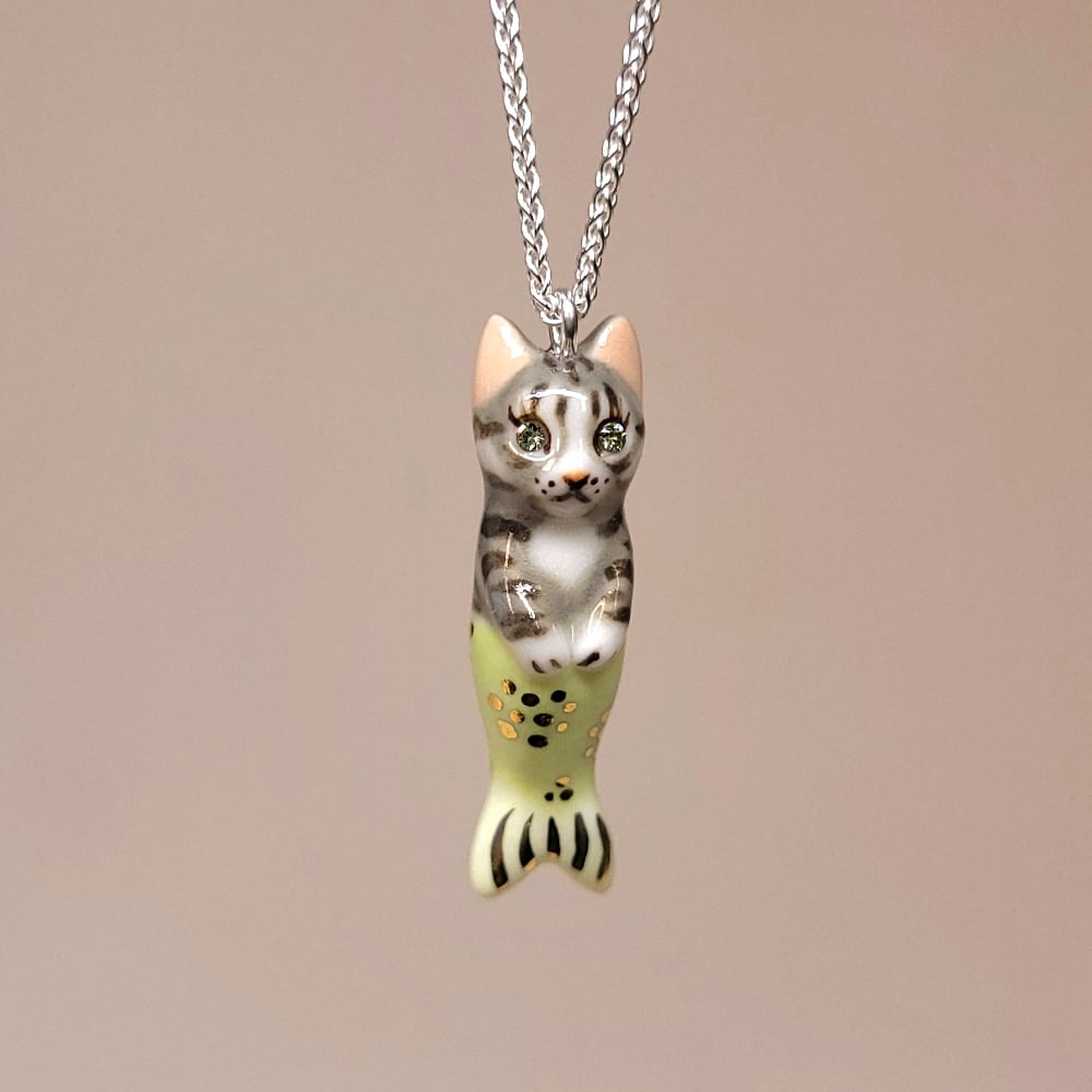 Image of Grey Tabby Purrkitten Porcelain & Sterling Silver Pendant