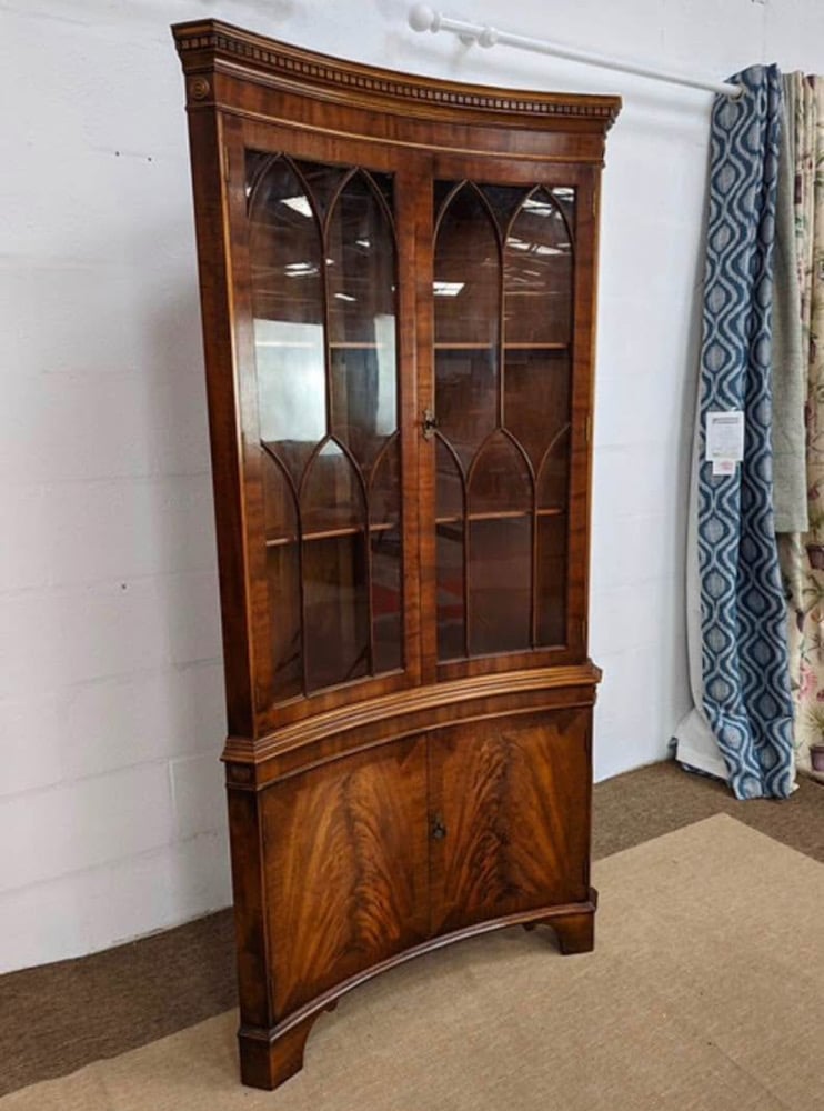 Image of mahogany glass cabinet curved corner 
