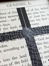 Image 2 of " 2 way Crucifix" 1800's bible page with preserved spider web 7