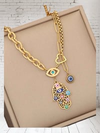 Image 1 of Hamsa Palm Shaped Colored Oil  Evil Eye Style Stainless Steel Necklace