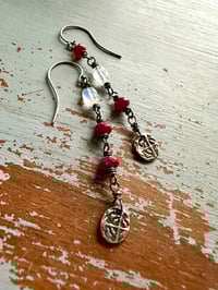 Image 6 of ruby and rainbow moonstone dangle earrings with sterling silver medallions