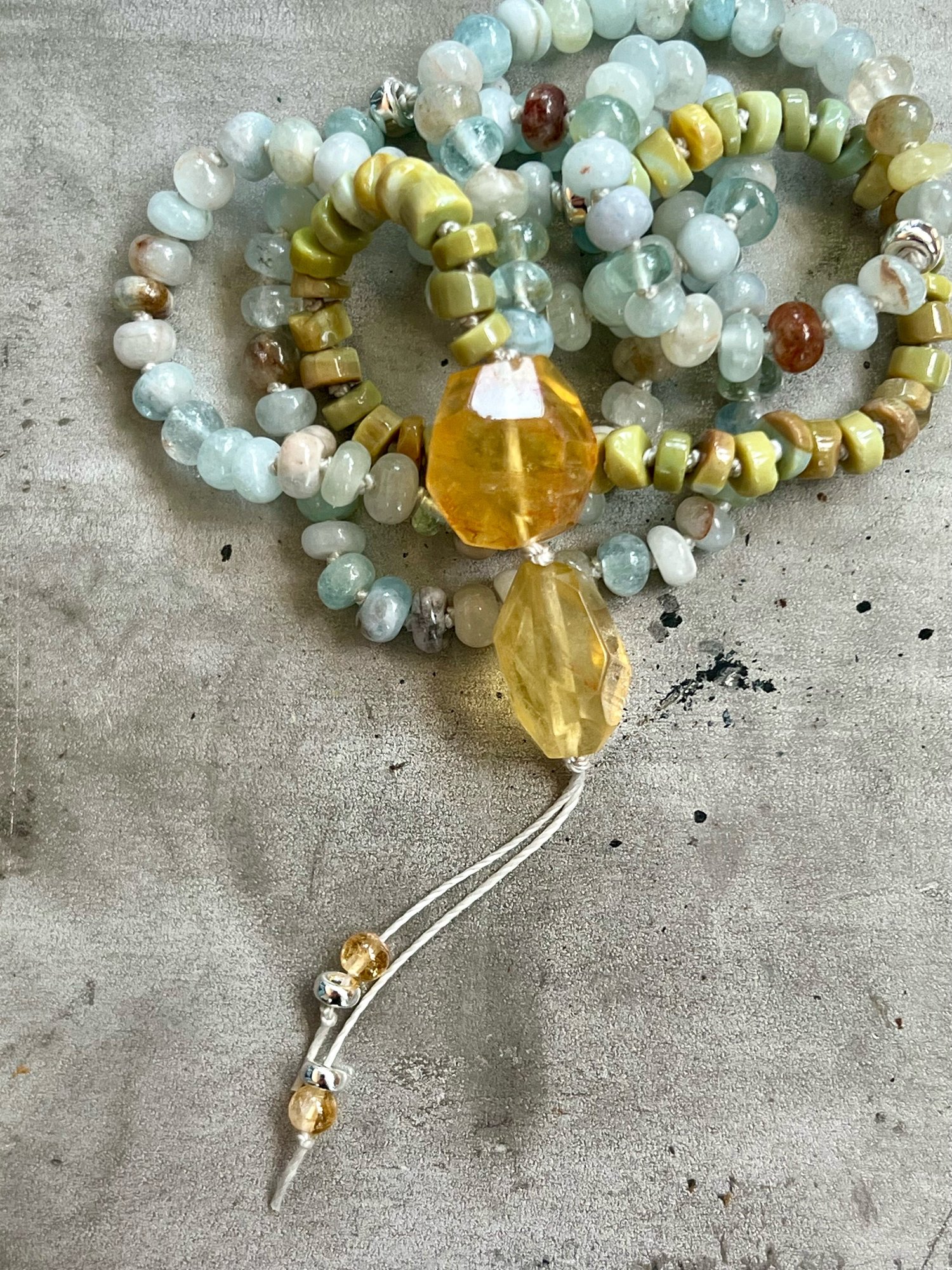 Image of Aquamarine, Rutilated Quartz, & Green Opal Beaded Necklace