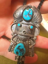 Image 3 of Native American Made Sterling Kachina Turquoise Bolo Tie