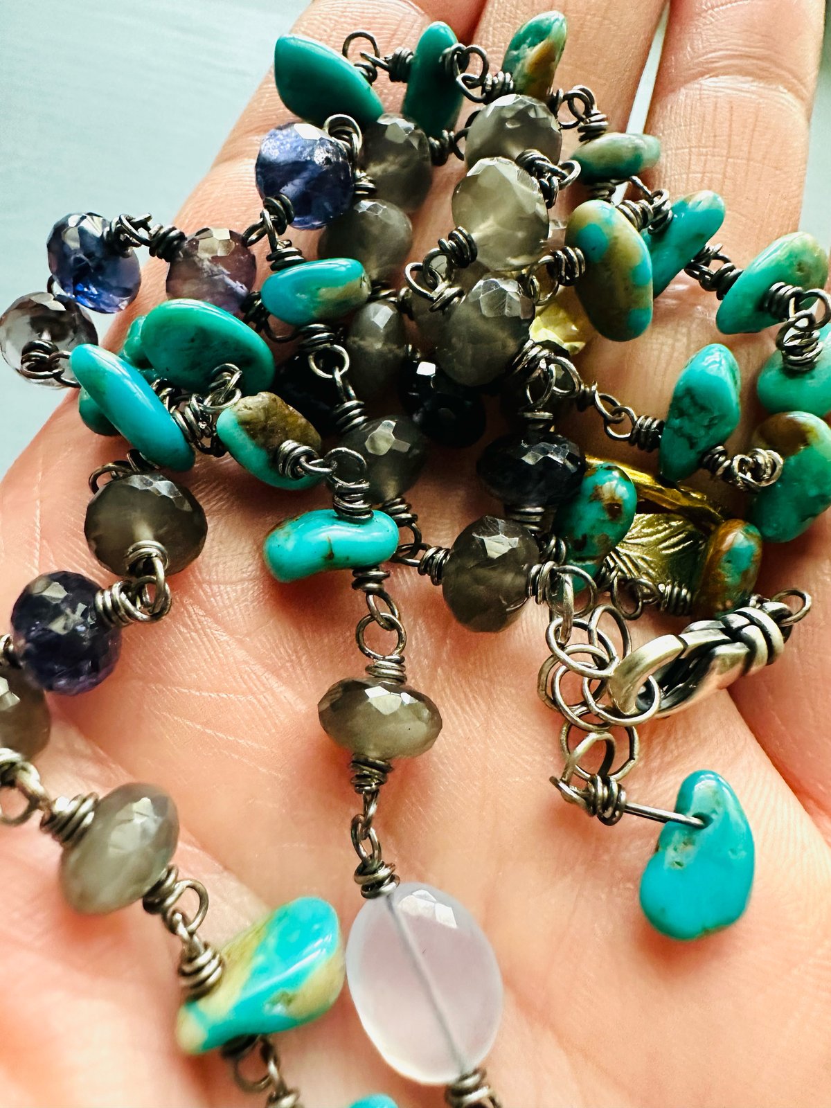 iolite turquoise petal and grey moonstone necklace with