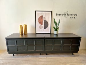 Image of Custom Order: Extra Long Nathan Sideboard in Green Smoke on wooden tapered legs.