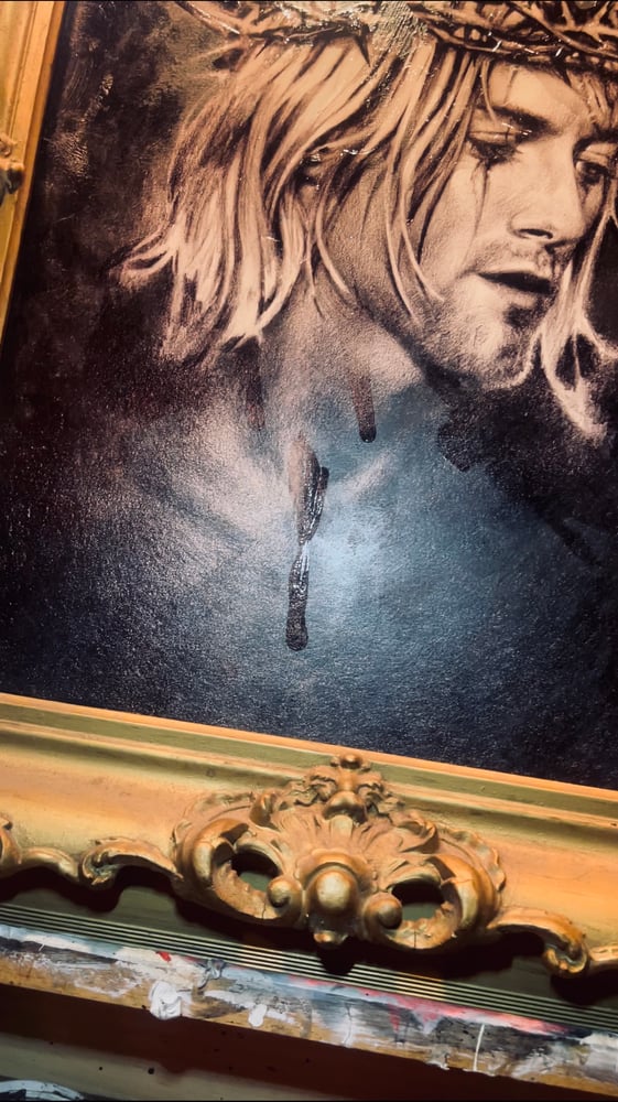 Image of ‘KURT COBAIN’ - HAND EMBELLISHED PRINT IN LATE 19TH-CENTURY ANTIQUE FRAME - { 1 / 1 }