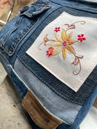 Image 2 of Sm/Med size Jean Patchwork with vintage embroidery