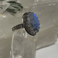 Image 3 of Blue Moonstone Ring with Moon Phase Stamped Band~Size 7