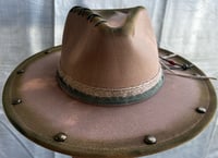 Image 1 of Tan Fedora Hat Green Edges Rope & Feathers Band 