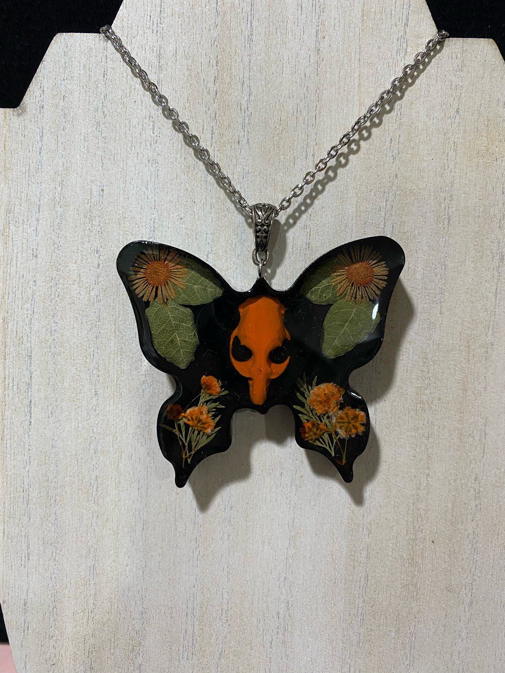 Orange Floral Butterfly Skull Pendant 