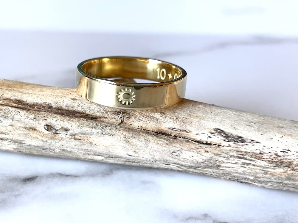 Celestial 18ct Gold Wedding Ring Sun Stamp Detail. Sunshine Gold Wedding Band Stamped