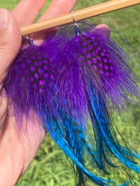 Image 4 of Feather Earrings, Festival Earrings, Colorful Dangle Earrings, Feather Earrings Purple Blue Black