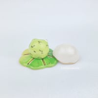 Image 5 of Sad zombie frog on lily pad with ghost mask ceramic figurine 