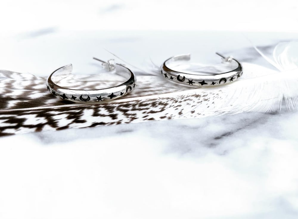 Handmade Sterling Silver Celestial Star And Moon Hoop Earrings 925