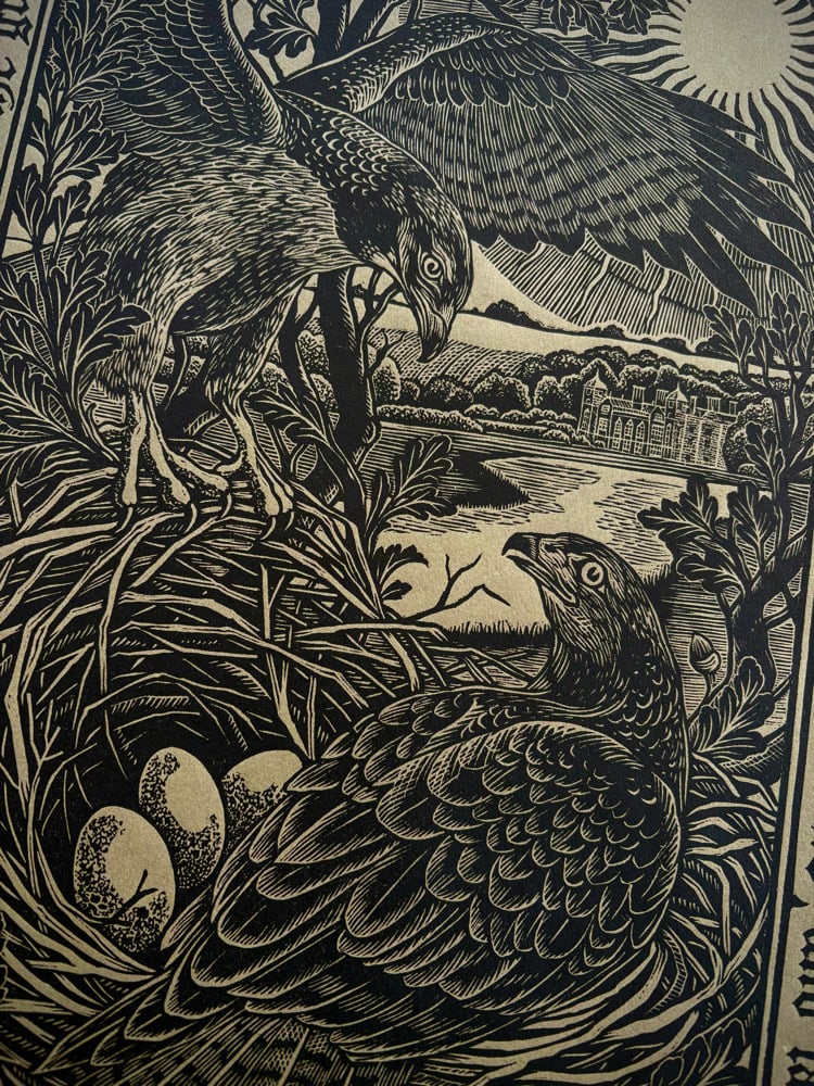 Image of ‘Blickling Buzzards’ Original Woodcut Print - Black on Sand