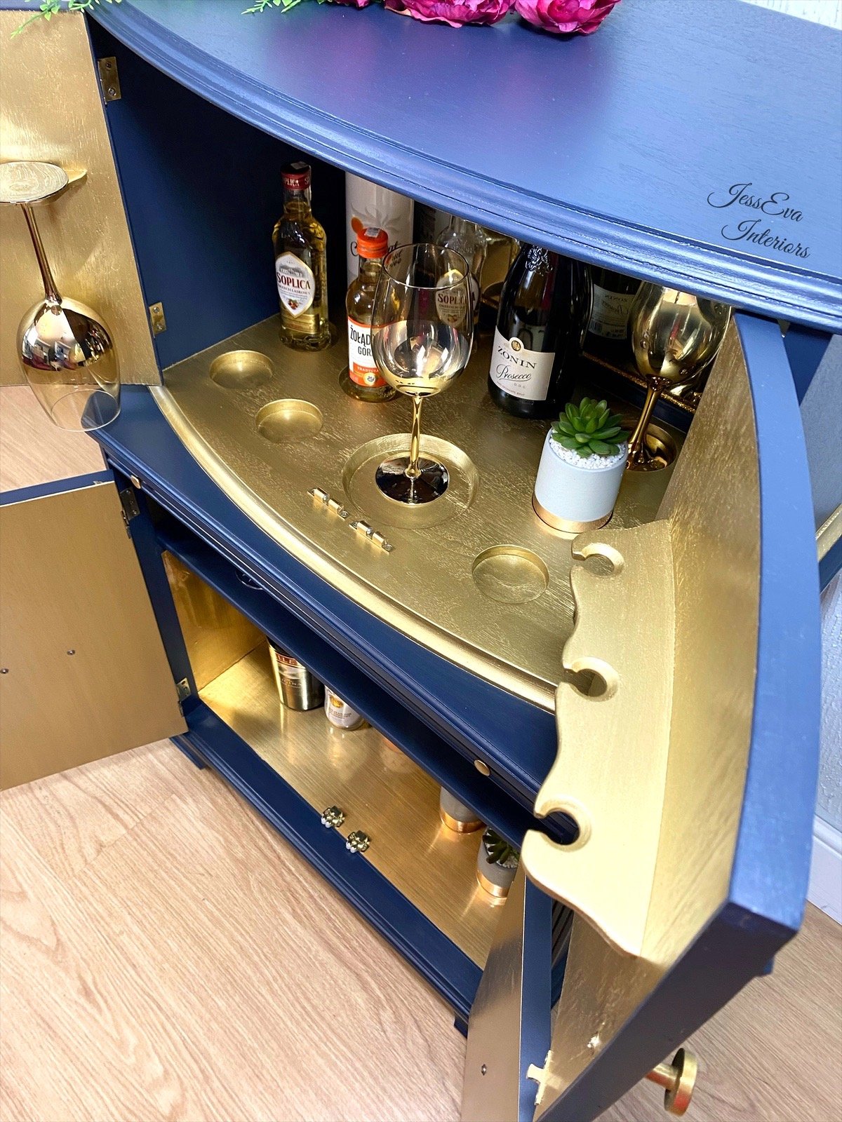 Navy Blue and Gold Vintage Drinks Cabinet / Cocktail Cabinet 