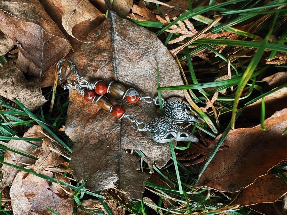 Image of Protect + Ground Bird Skull Earrings w/ Red Jasper & Tiger's Eye