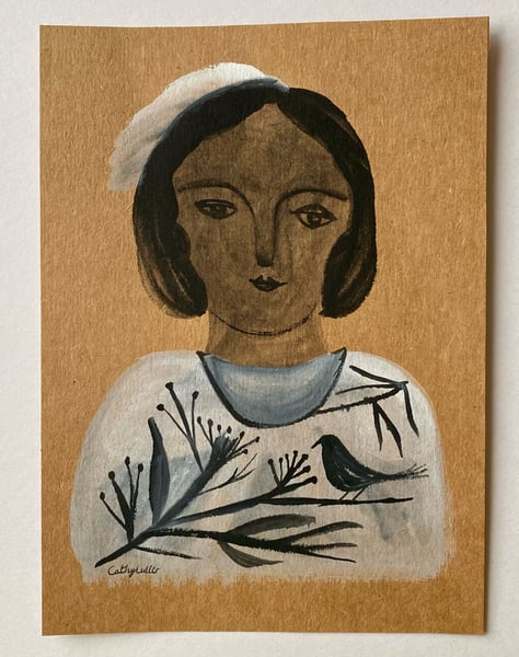 Image of 17. Original work on brown paper - woman with winter garden