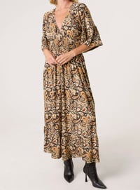 Image 2 of BOHO PAISLEY PRINT V-NECK STRETCH DRESS