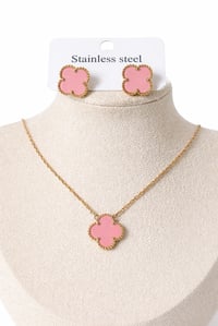 Image 1 of Gold pink clover necklace and earrings set