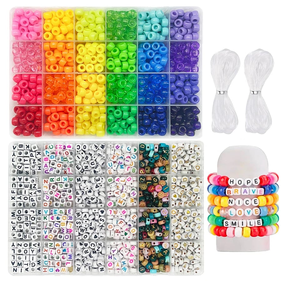 Image of Pony Beads for Friendship Bracelet Making Kit 24 Colors Kandi Beads Set, 720pcs Plastic Rainbow Bulk
