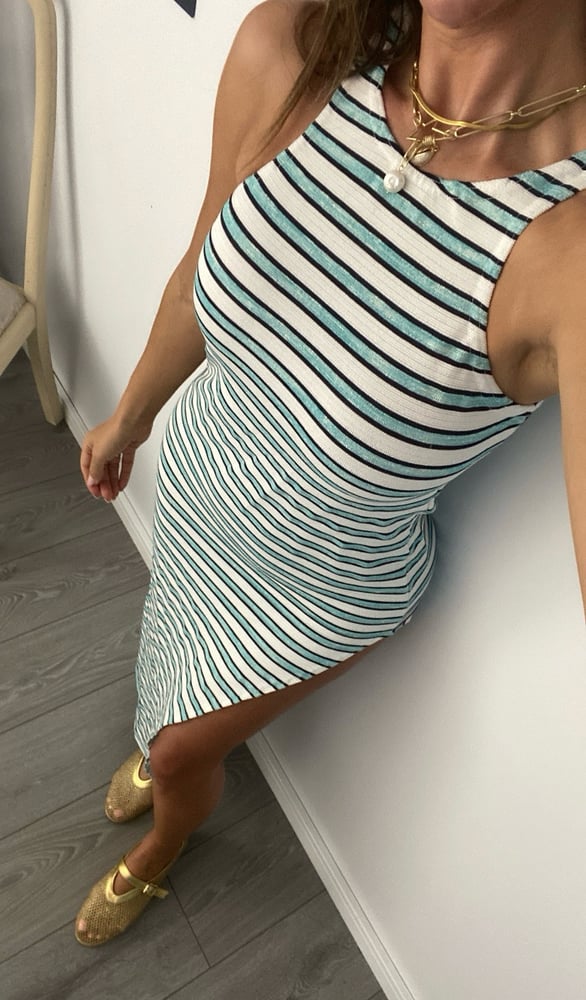 Image of Racer Asymmetric Split Stripe Knit Maxi Dress 