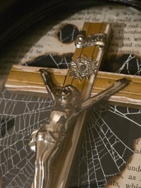 Image 3 of 2way- Black oval frame - bubble glass with preserved web, 1800s Bible page and crucifix 