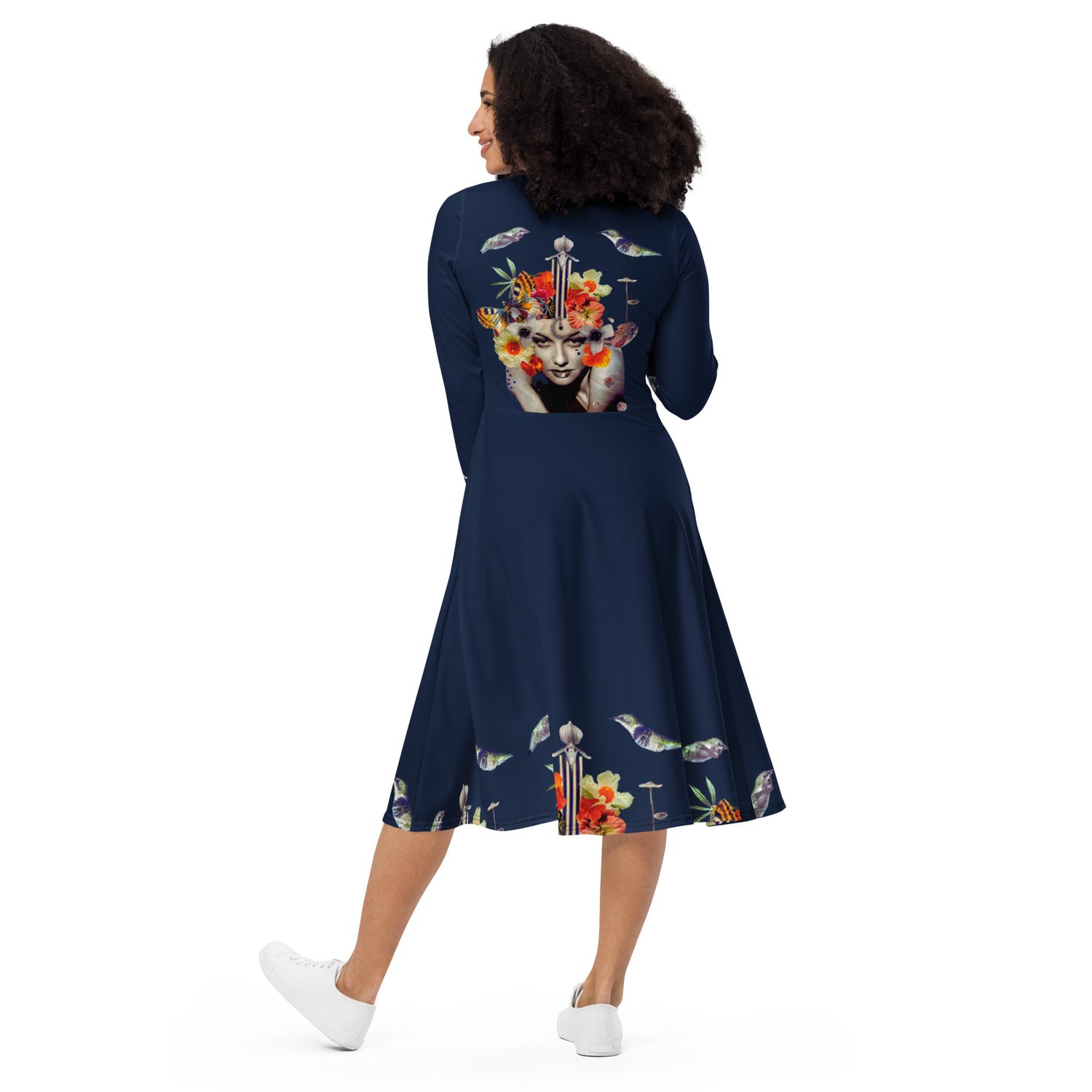 Image of Rhythm of the Moon - Navy - All Over Print - Long Sleeve Dress With Pockets