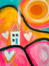 Three cozy hearts and a little house. Painting on paper.
