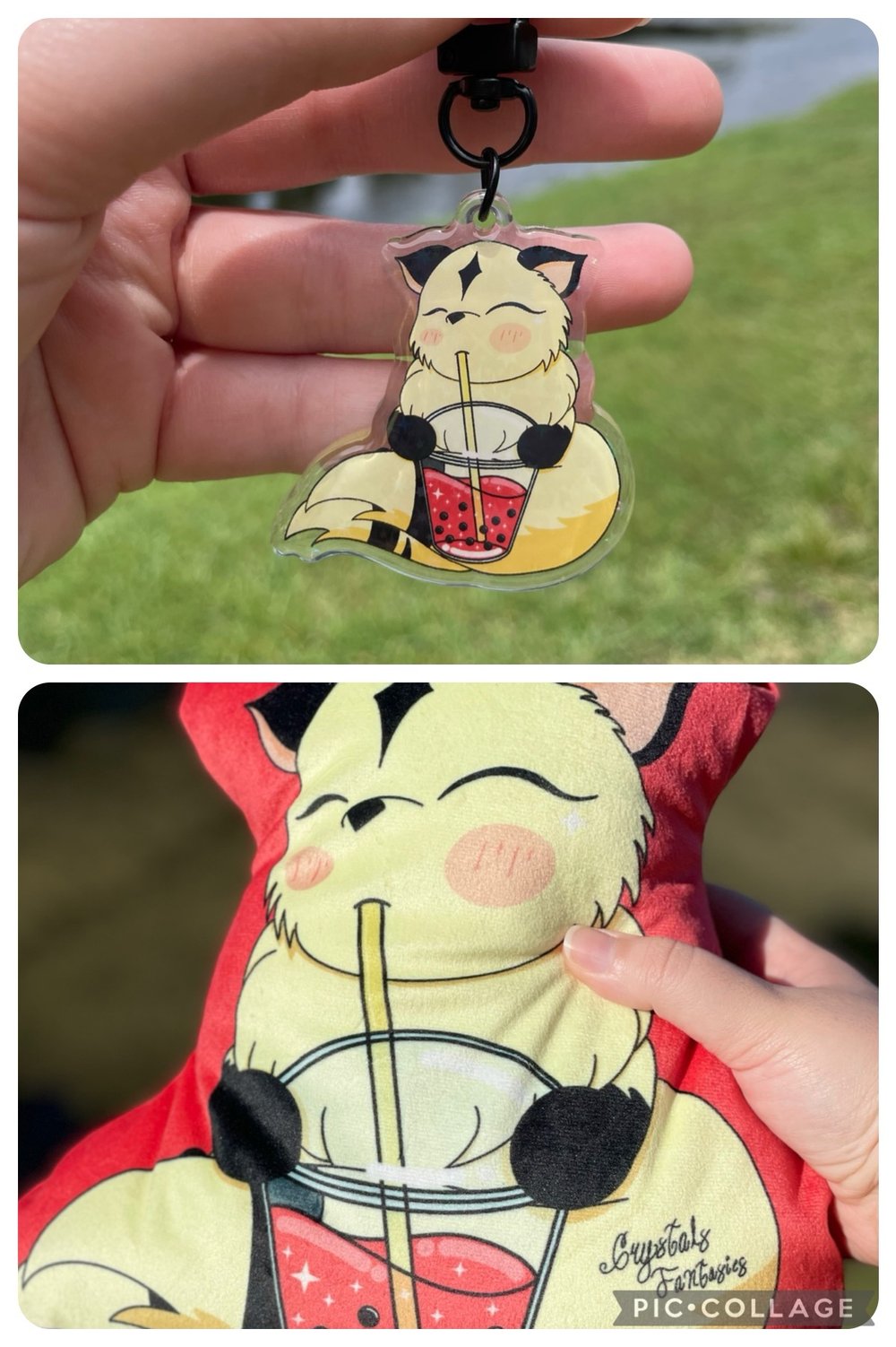 Image of Two Tailed Majestic Kitty Drinking Boba Plush Pillow & Acrylic Keychain