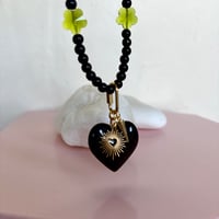 Image 4 of Black glass bead and green glass flower necklace with carabiner and heart 